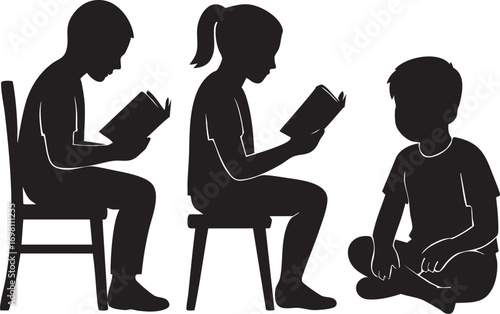 Children Reading Together Silhouette Vector with Chairs and Floor Seating for Education, Storytelling, and Inclusion Themes