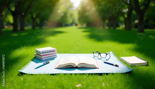A peaceful garden with a clean mat spread on the grass, an open book placed on the mat, surrounded by study materials like notebooks, pens, and glasses, calm atmosphere, sunlight filtering through tre