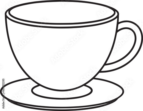 Simple outline drawing of a coffee cup and saucer vector illustration