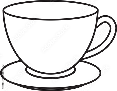 Simple outline drawing of a coffee cup and saucer vector illustration