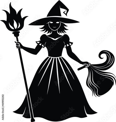 A black silhouette of a witch in a pointed hat, holding a broom and a bucket, walking.