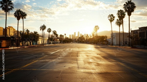 Empty city street at sunrise, palm trees, skyline.