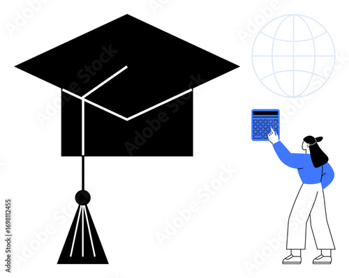 Woman holding calculator near a graduation cap and globe, symbolizing education, achievement, and global understanding. Ideal for learning, success, financial planning, global goals, studies career