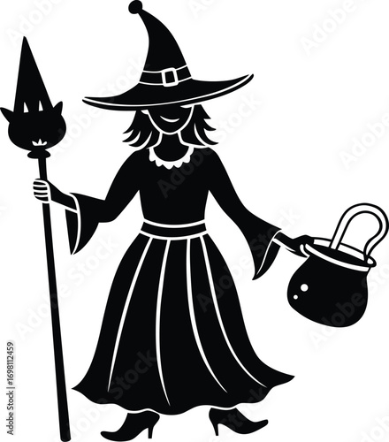 A black silhouette of a witch in a pointed hat, holding a broom and a bucket, walking.