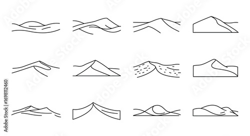 various line drawings depict different mountain shapes and landscapes