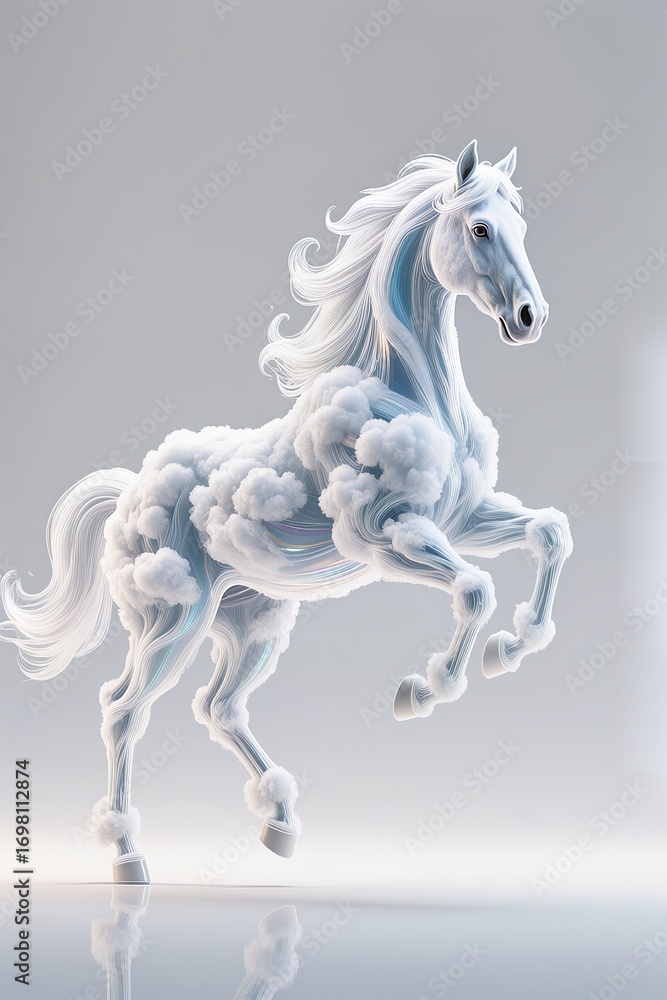 Fototapeta premium A surreal, simple 3d artwork of an Abstract horse made of swirling clouds, Asian fantasy art, and a white base