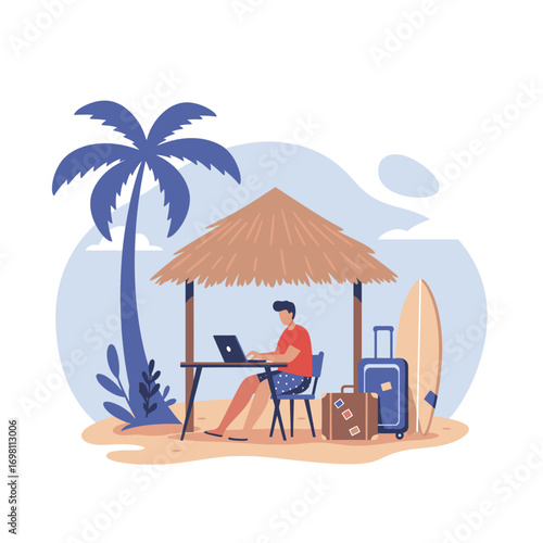 Illustration of a digital nomad working remotely on a laptop at a tropical beach, balancing work and travel lifestyle concept