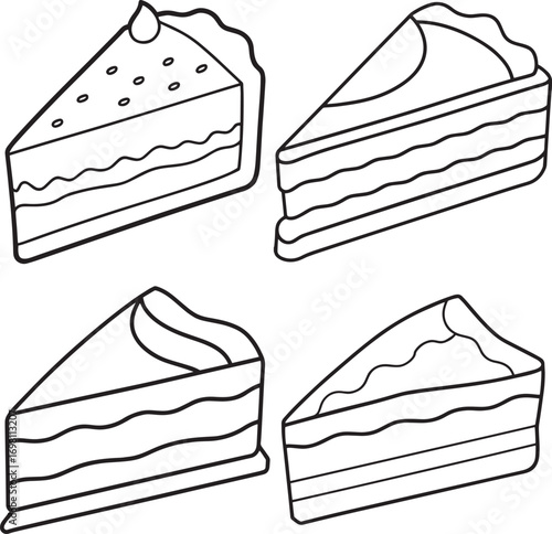Set of Simple outline drawing of a layered cake slice with swirl frosting