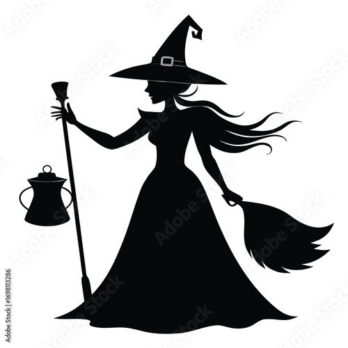 A black silhouette of a witch in a pointed hat, holding a broom and a bucket, walking.