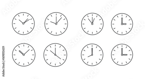 various clocks showing different times arranged neatly