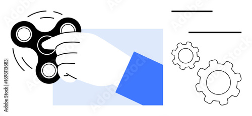 Hand spinning a black fidget spinner, blue sleeve accent, gears symbolizing focus and mechanics. Ideal for relaxation, focus, stress relief, productivity, creativity, innovation simple landing page