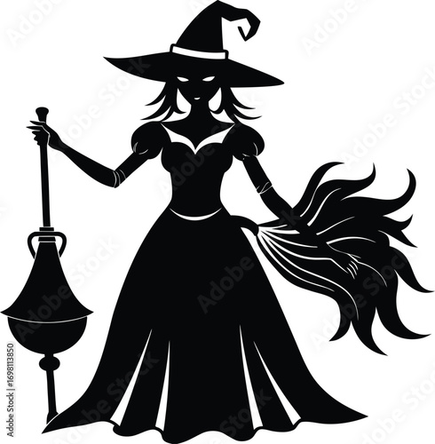 A black silhouette of a witch in a pointed hat, holding a broom and a bucket, walking.