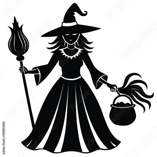 A black silhouette of a witch in a pointed hat, holding a broom and a bucket, walking.