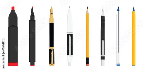 School office supplies, stationery. Highlighter marker, fountain pen, pencil, ballpoint pen, rollerball pen and mechanic pencil