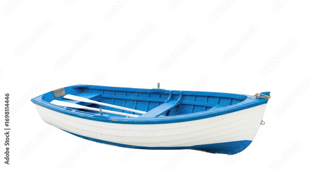 Naklejka premium A White and Blue Wooden Rowboat with Oars Isolated PNG