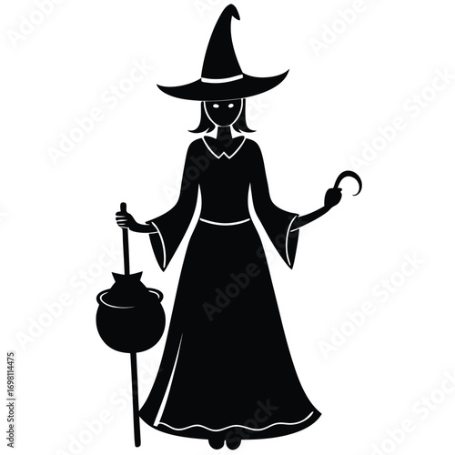 A black silhouette of a witch in a pointed hat, holding a broom and a bucket, walking.