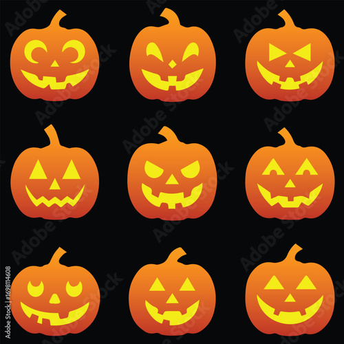 Halloween Pumpkins Collection of Carved Jack-o'-Lanterns with Various Expressions