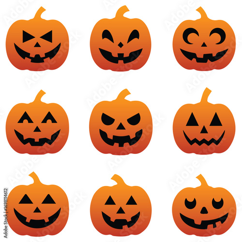 Halloween Pumpkins Collection of Carved Jack-o'-Lanterns with Various Expressions