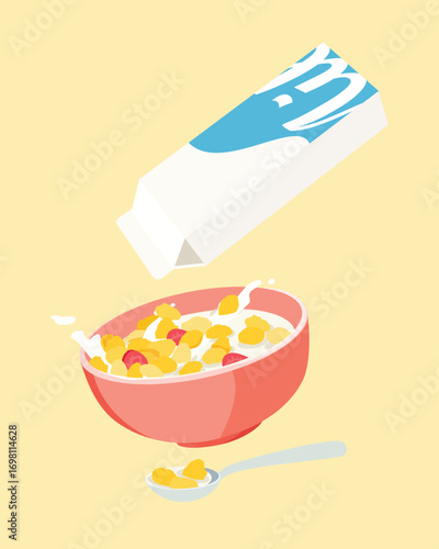 Bowl of cereals with milk and milk carton. Corn flakes morning food. Healthy breakfast