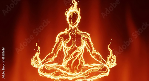 Fiery human silhouette meditating in lotus pose ignited by kundalini energy