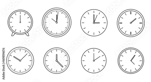 various clocks showing different times arranged neatly
