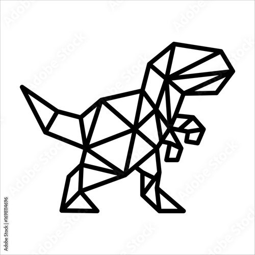 A geometric illustration of a Tyrannosaurus Rex dinosaur, rendered in a minimalist style with angular shapes.