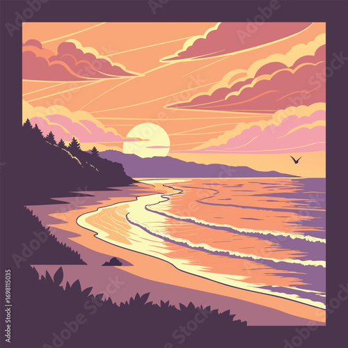 Sunset sky in yellow-violet color with clouds, gradient, landscape, background with clouds, vector illustration