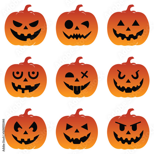 Halloween Pumpkins Collection of Carved Jack-o'-Lanterns with Various Expressions