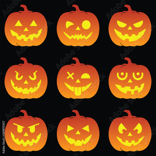 Halloween Pumpkins Collection of Carved Jack-o'-Lanterns with Various Expressions