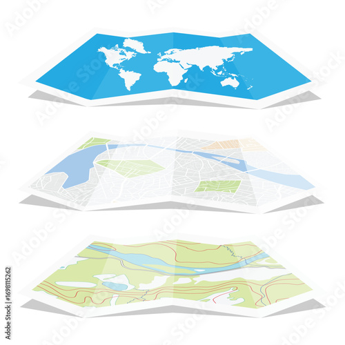 Folded city map collection. City map scheme of roads, world global map and topographic map