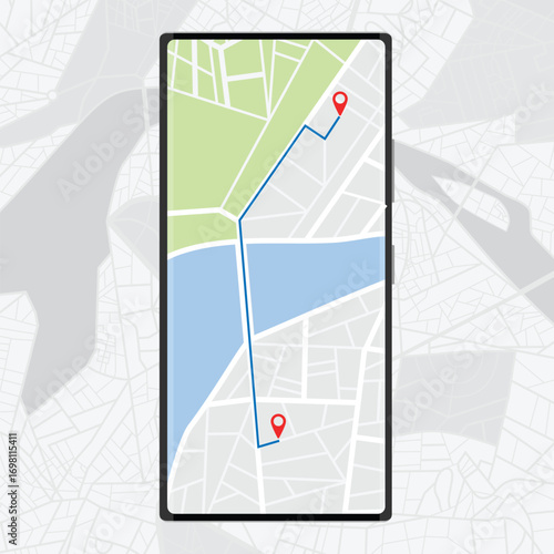 Smartphone map app with GPS navigation and red marker location pin point on screen and city map on background