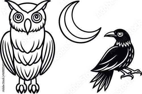 Black and white illustration of an owl crescent moon and a crow