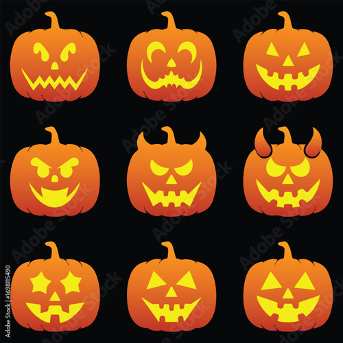 Halloween Pumpkins Collection of Carved Jack-o'-Lanterns with Various Expressions