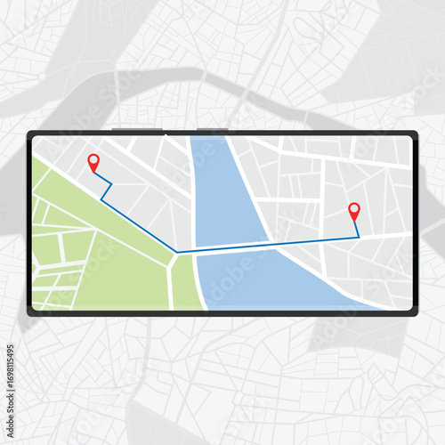 Smartphone map app with GPS navigation and red marker location pin point on screen and city map on background