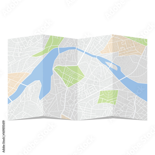 Folded city map, isolated on white background. Scheme of roads