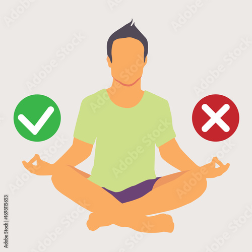 Make decision concept. Man meditating in a yoga pose check mark on one side and cross sign on other. Yes or no choise