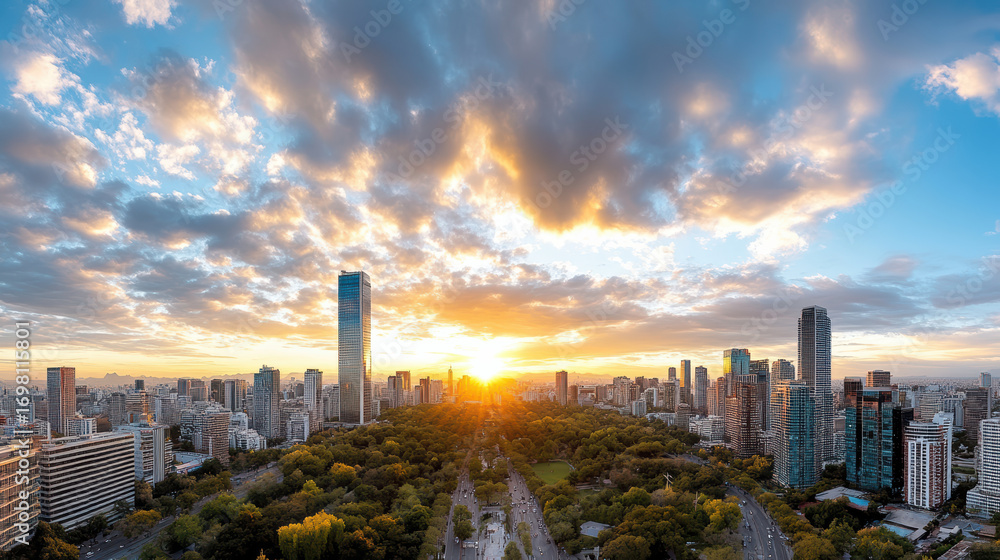 Fototapeta premium Dramatic urban skyline with sunset and clouds over cityscape