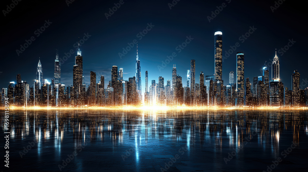 Fototapeta premium Futuristic urban skyline with illuminated buildings reflecting on water at night