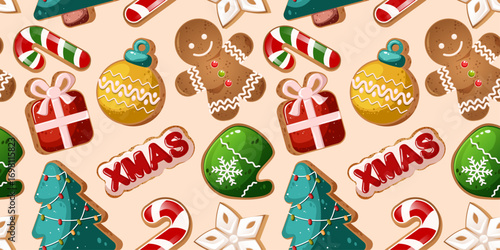 Festive Cookies Seamless Pattern - Xmas, Tree, Glove, Ornament, Gingerbread Man, Gift, Candycane & Star. Christmas Treats Background Illustration