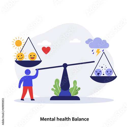Conceptual illustration of achieving emotional equilibrium, balancing happiness and sadness on a scale as a metaphor for mental health and psychological wellness