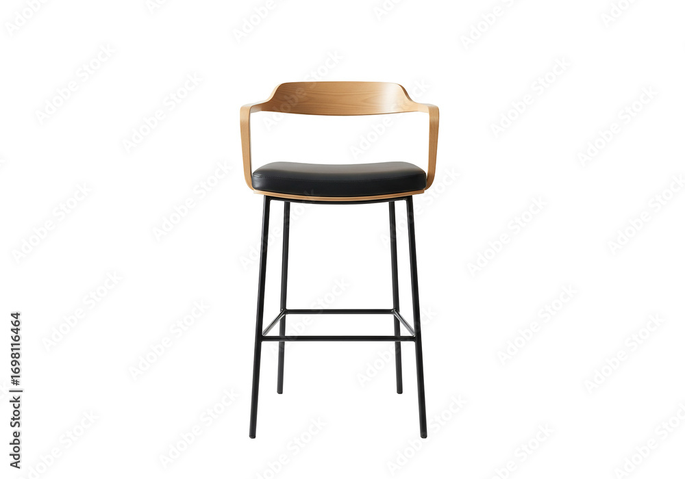 Fototapeta premium Modern bar stool with wooden arms and black padded seat isolated on transparent background