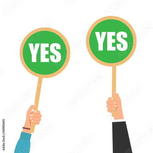 Group of people hands holding placard with yes sign, positive choice. Say yes answer, vote. Isolated