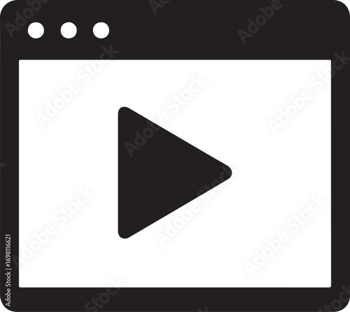 Browser with play button silhouette icon for web, video, media, online streaming and digital content.