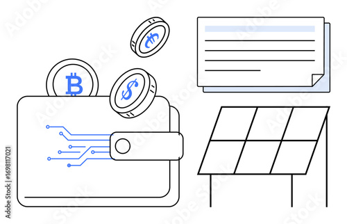 Digital wallet holding cryptocurrency coins, solar panel representing renewable energy, and document for information exchange. Ideal for fintech, sustainability, blockchain, investment, energy