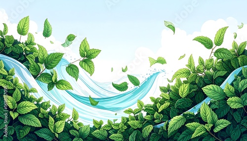 Mint leaves and water waves