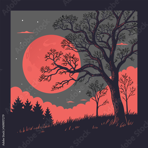blood red moon rising over calm ocean water dramatic night landscape