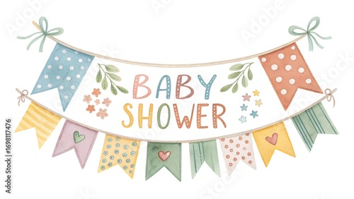 Whimsical watercolor baby shower bunting banner with colorful flags and floral accents celebrating new arrival
