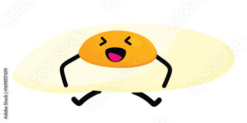 Cute cartoon kawaii funny fried egg character, smiling egg. Healthy breakfast for kids