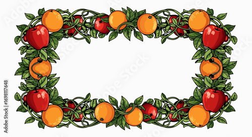 A vibrant rectangular frame filled with a dense assortment of red apples, green apples, and oranges. This lush, hand-drawn vector border is perfect for autumn harvest or seasonal food themes.