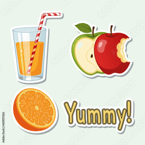A set of colorful vector stickers featuring a glass of orange juice, red and green apples, an orange slice, and the word 'Yummy!'. Isolated on a light background. Perfect for food and health concepts.